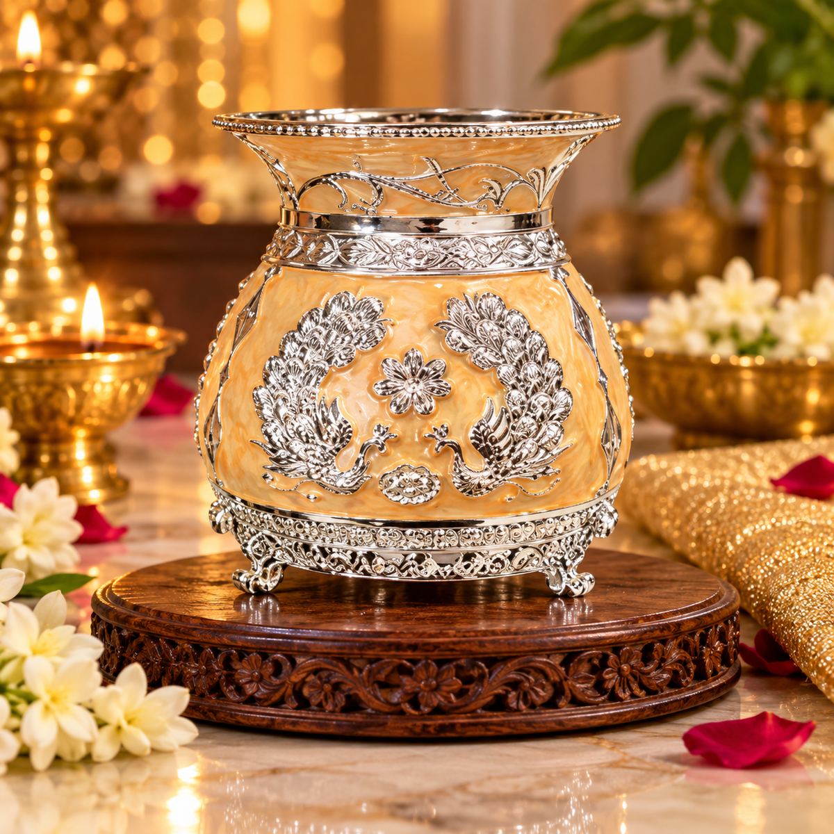 Premium Floral Design Silver Finish Decorative Vase & pooja kalsh - Peach - Diwali and wedding gift