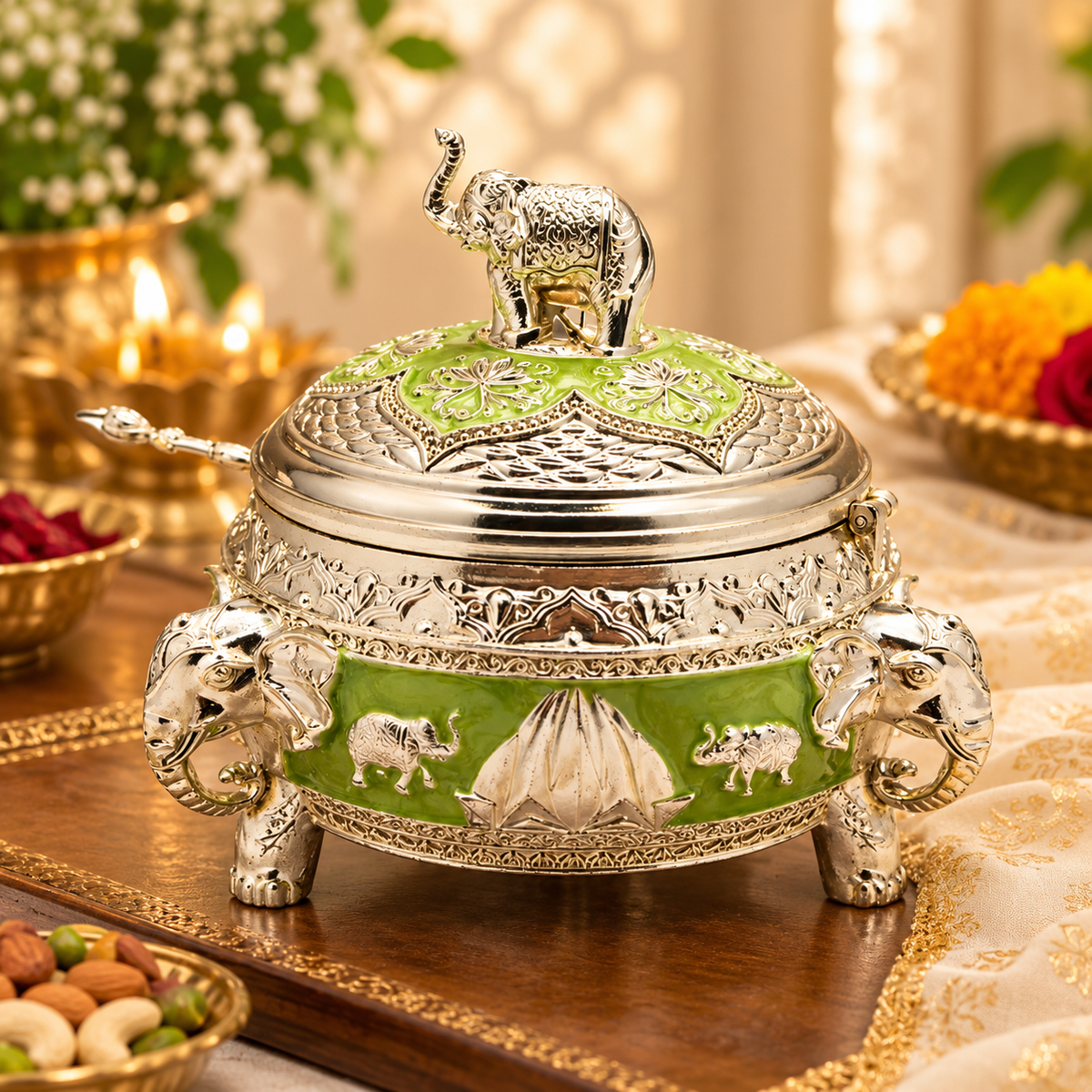 Premium German Silver Elephant Lid Meenakari Dry Fruit & Mukhwas Box - Diwali and wedding gift
