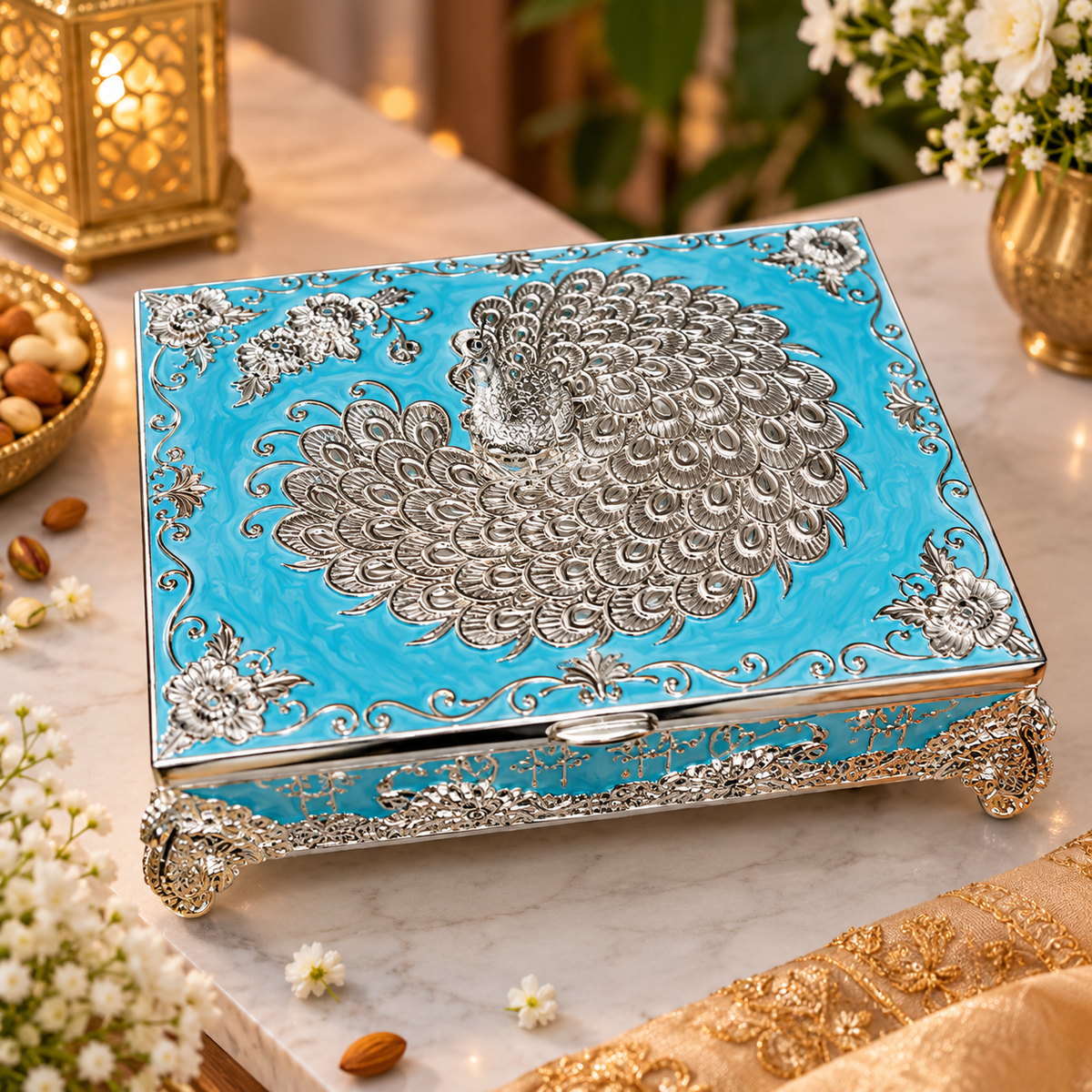 Royal Blue Peacock Meenakari Jewelry, Dry Fruit & Gift Storage Box with Sil - Diwali and wedding gift