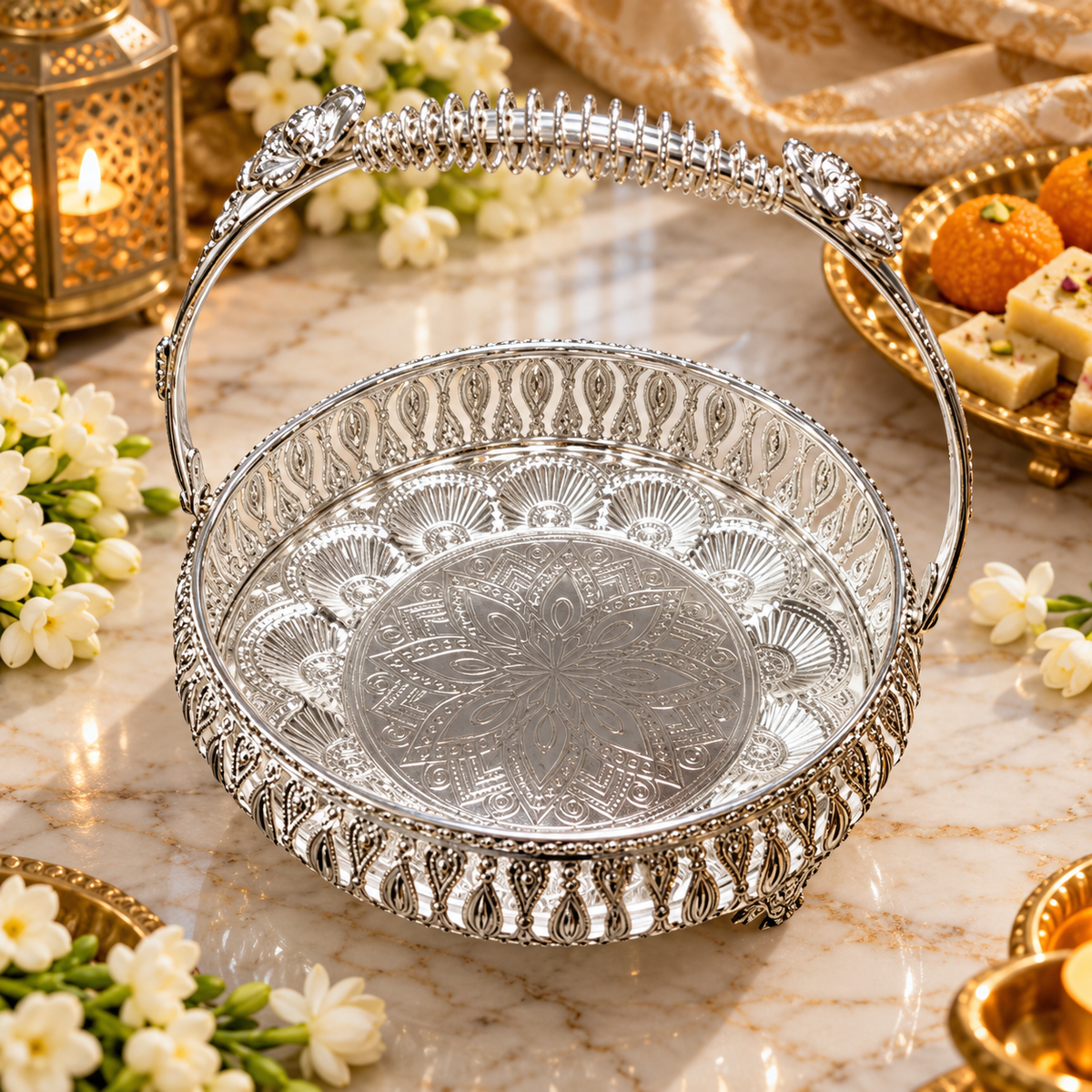 Silver Plated Pooja tary , Dry Fruit & Gift Serving Tray with Decorative Fl - Diwali and wedding gift