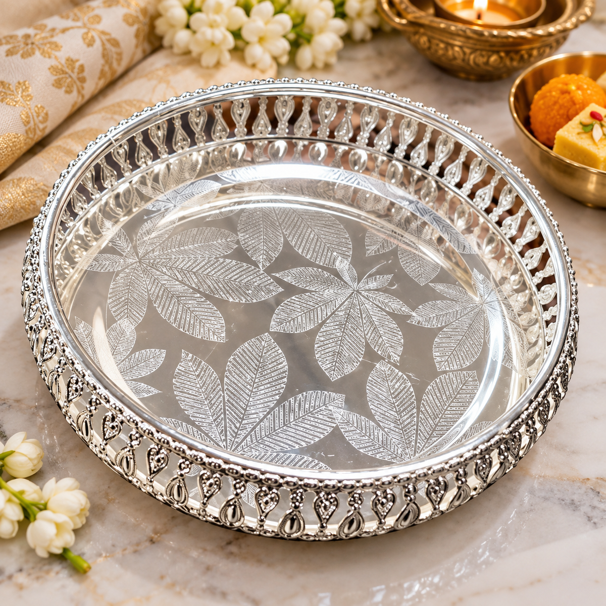 Silver Decorative Tray | Leaf Engraved Pooja & Serving Thali | Premium Trad - Diwali and wedding gift