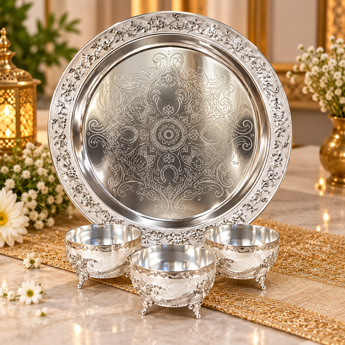 Premium Silver-Plated Decorative Pooja Thali Set with 3 Footed Bowls - Diwali and wedding gift