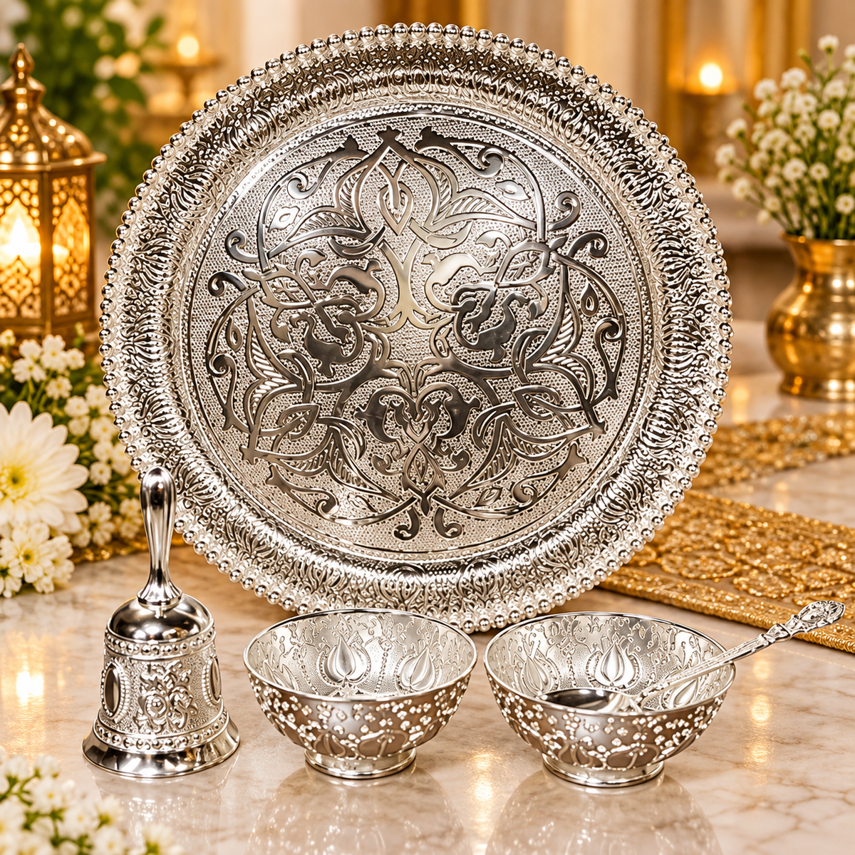 Premium Silver-Plated Decorative Pooja Thali Set with Bell, 2 Bowls & Spoon - Diwali and wedding gift