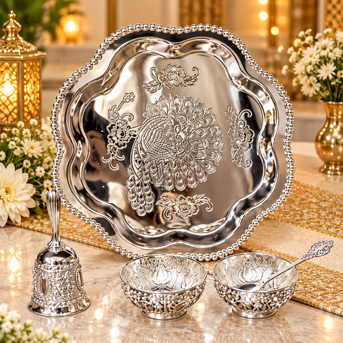 Peacock Design Pooja Thali Set with Bell, 2 Bowls & Spoon - premium gift for Diwali and wedding