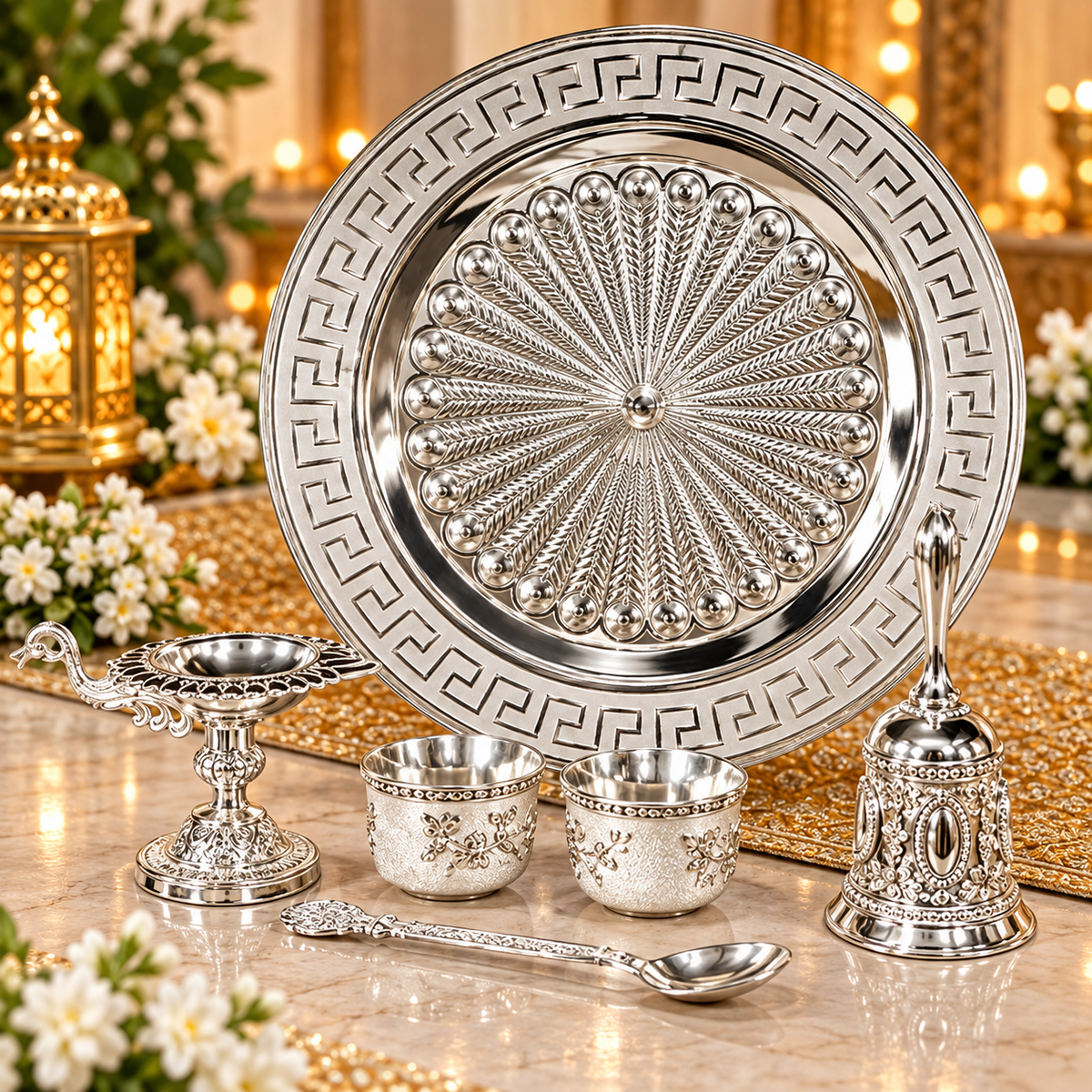 Silver Decorative Peacock Feather Pooja Thali Set with Diya, 2 Bowls, Spoon - Diwali and wedding gift