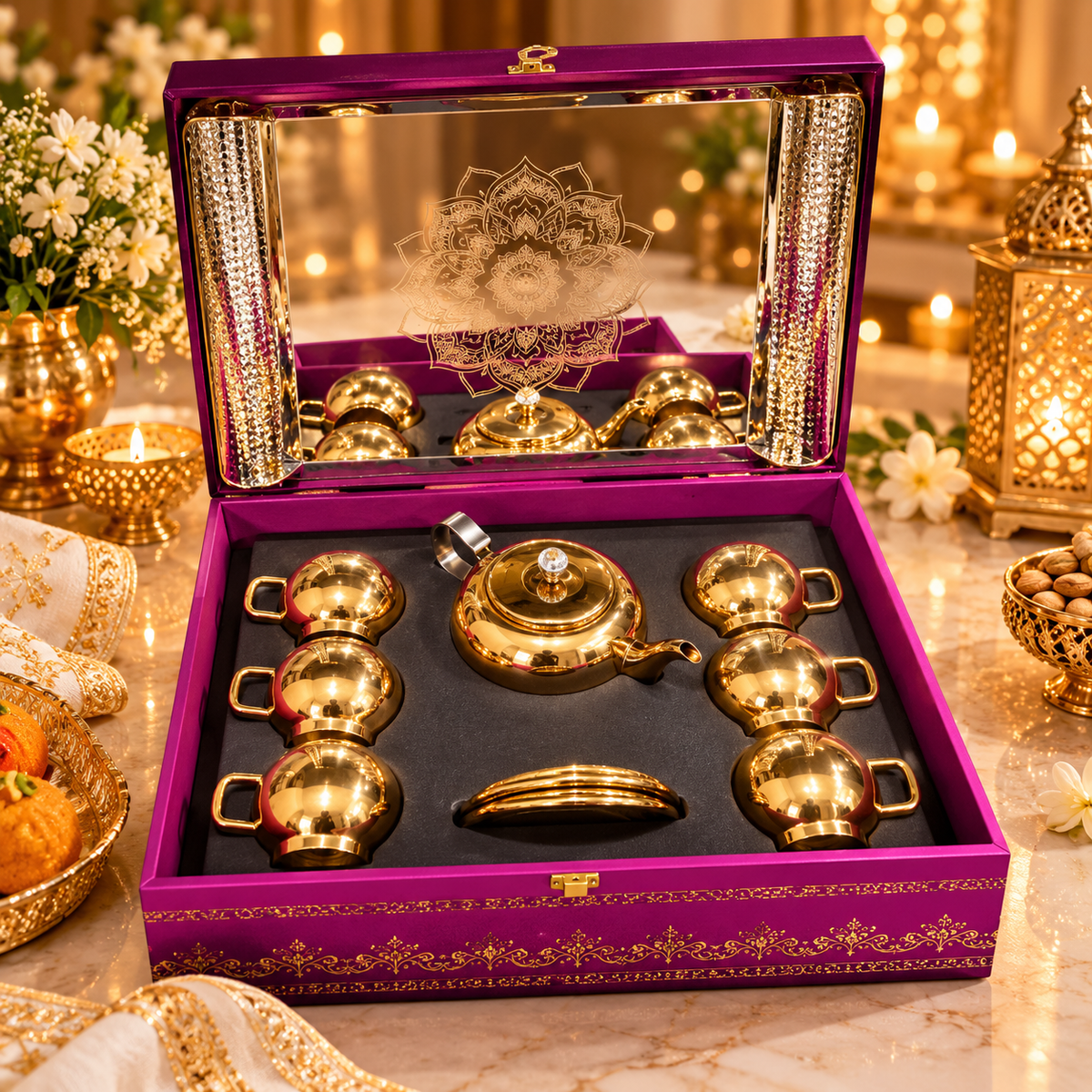 Premium Golden Tea Set Gift Box - Royal Designer Tea Set with Luxury Decora - Diwali and wedding gift