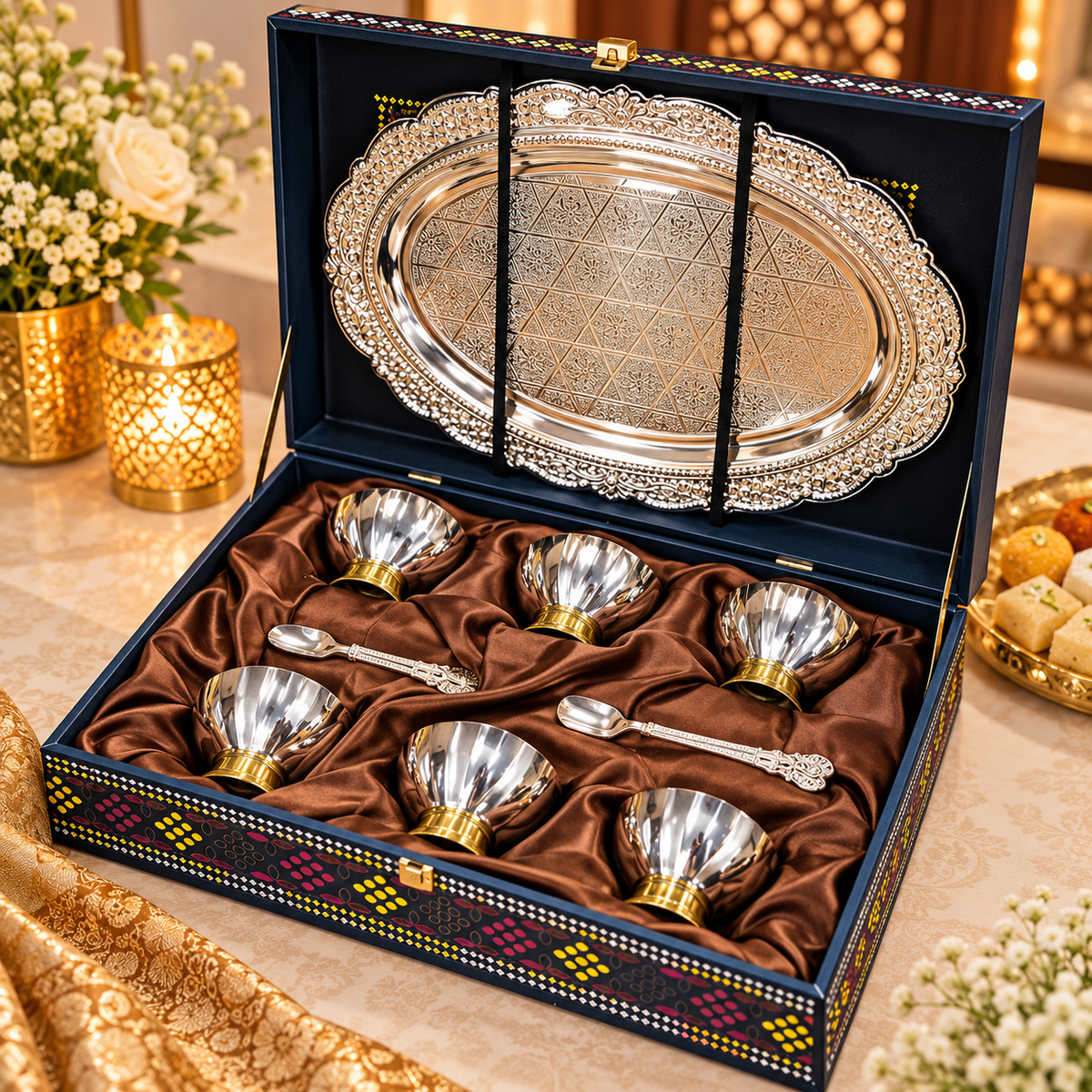 Silver & Gold Dry Fruit Bowl & ice cream bowl Gift Set with Designer Serv - Diwali and wedding gift