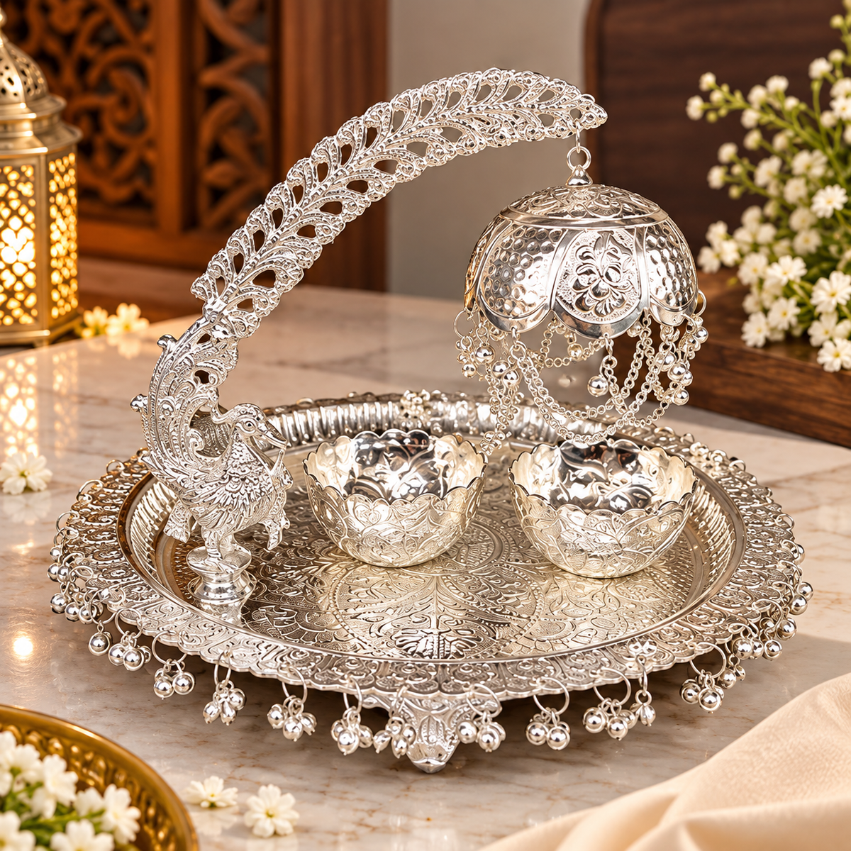 Silver Plated Peacock Pooja Thali Set | Traditional Designer Puja Thali wit - Diwali and wedding gift
