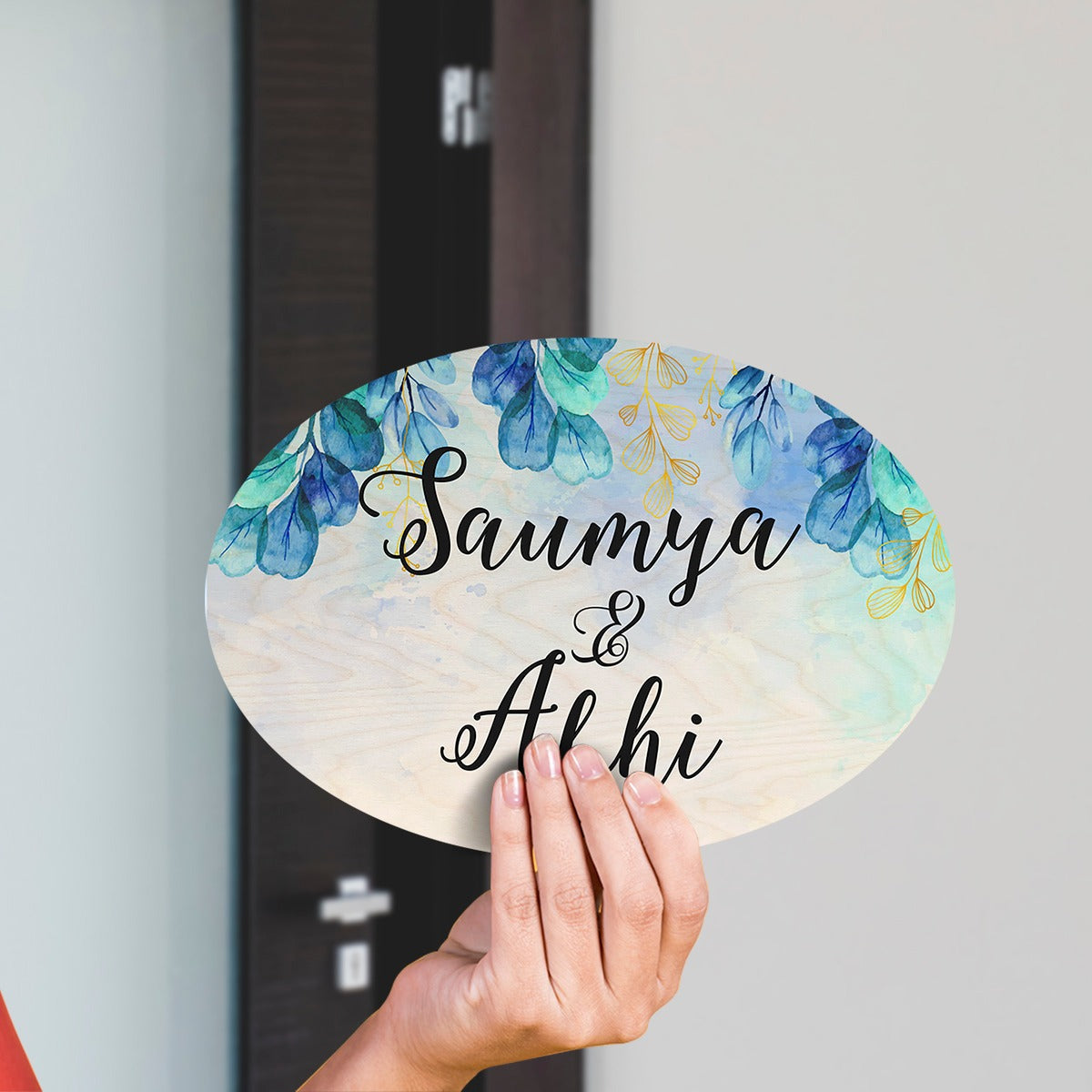 Watercolour Flower Pattern Big Oval Shape Name Plate