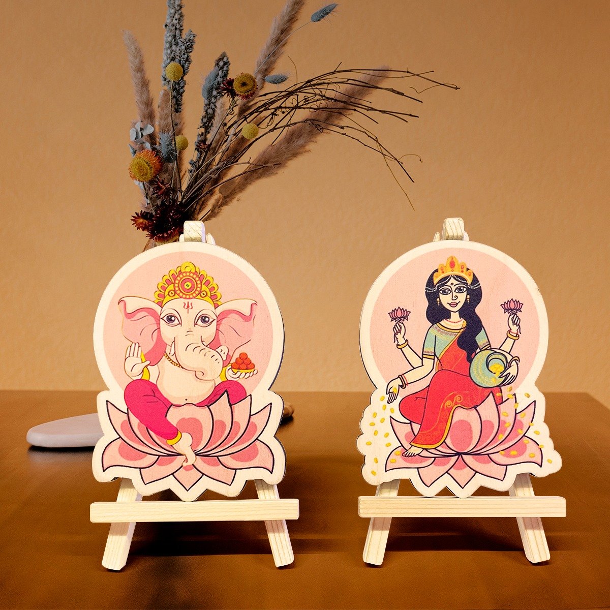 Wooden Ganesh Laxmi idols with stand