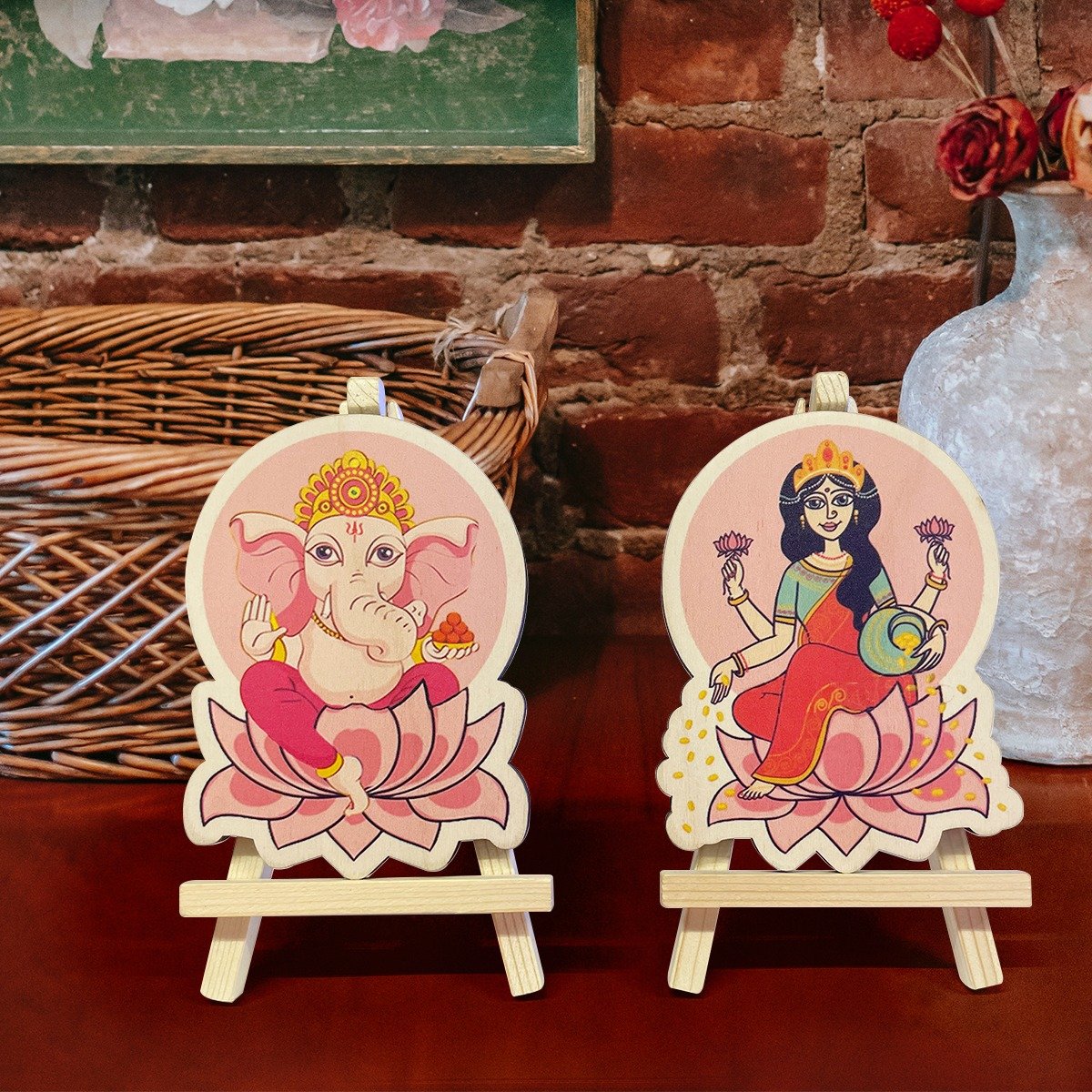 Wooden Ganesh Laxmi idols with stand
