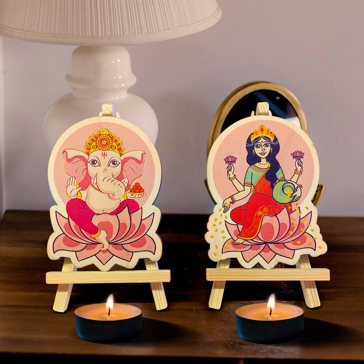 Wooden Ganesh Laxmi idols with stand