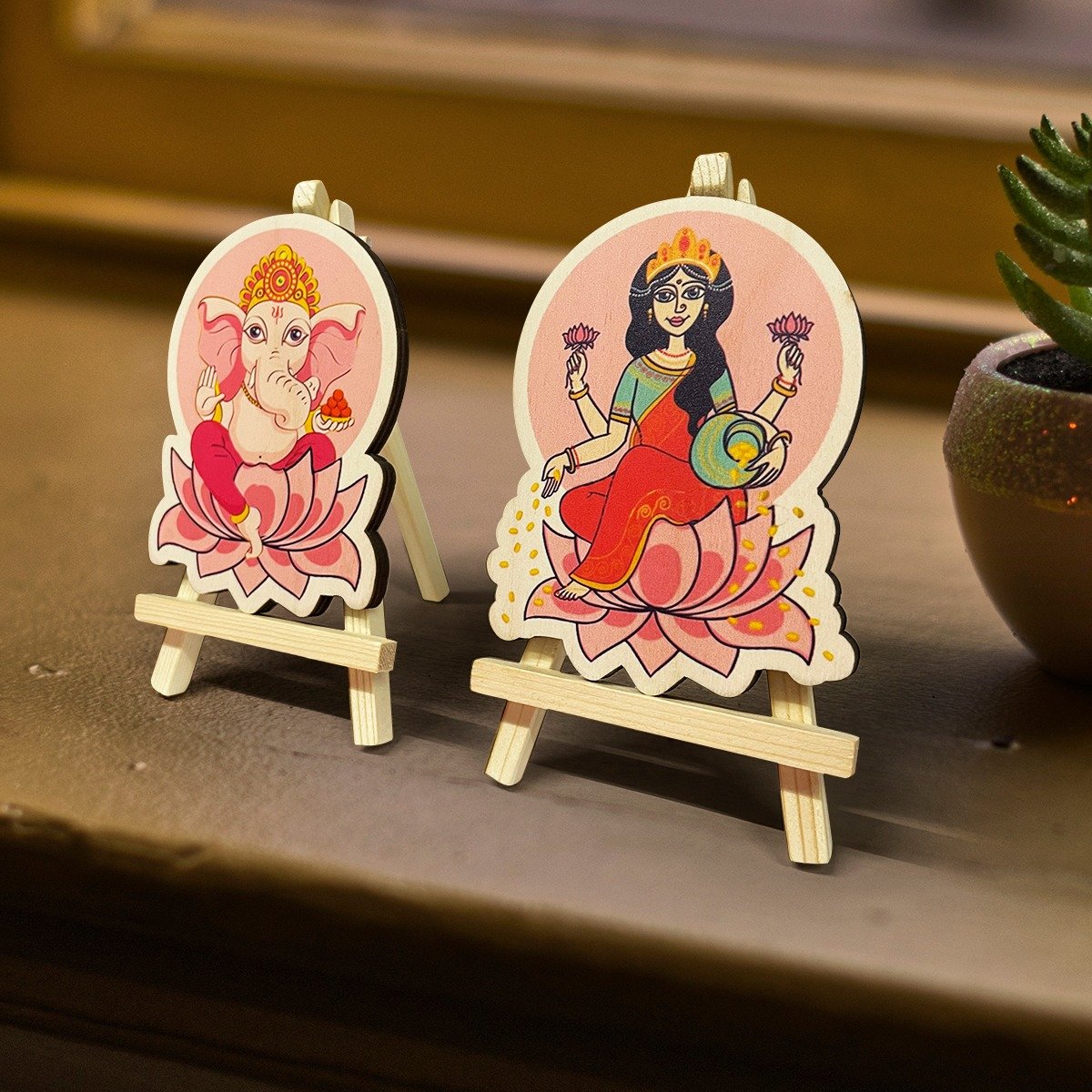 Wooden Ganesh Laxmi idols with stand