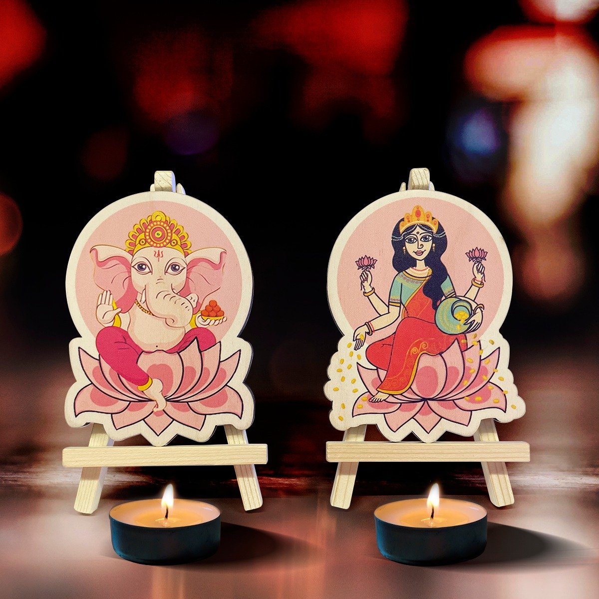 Wooden Ganesh Laxmi idols with stand