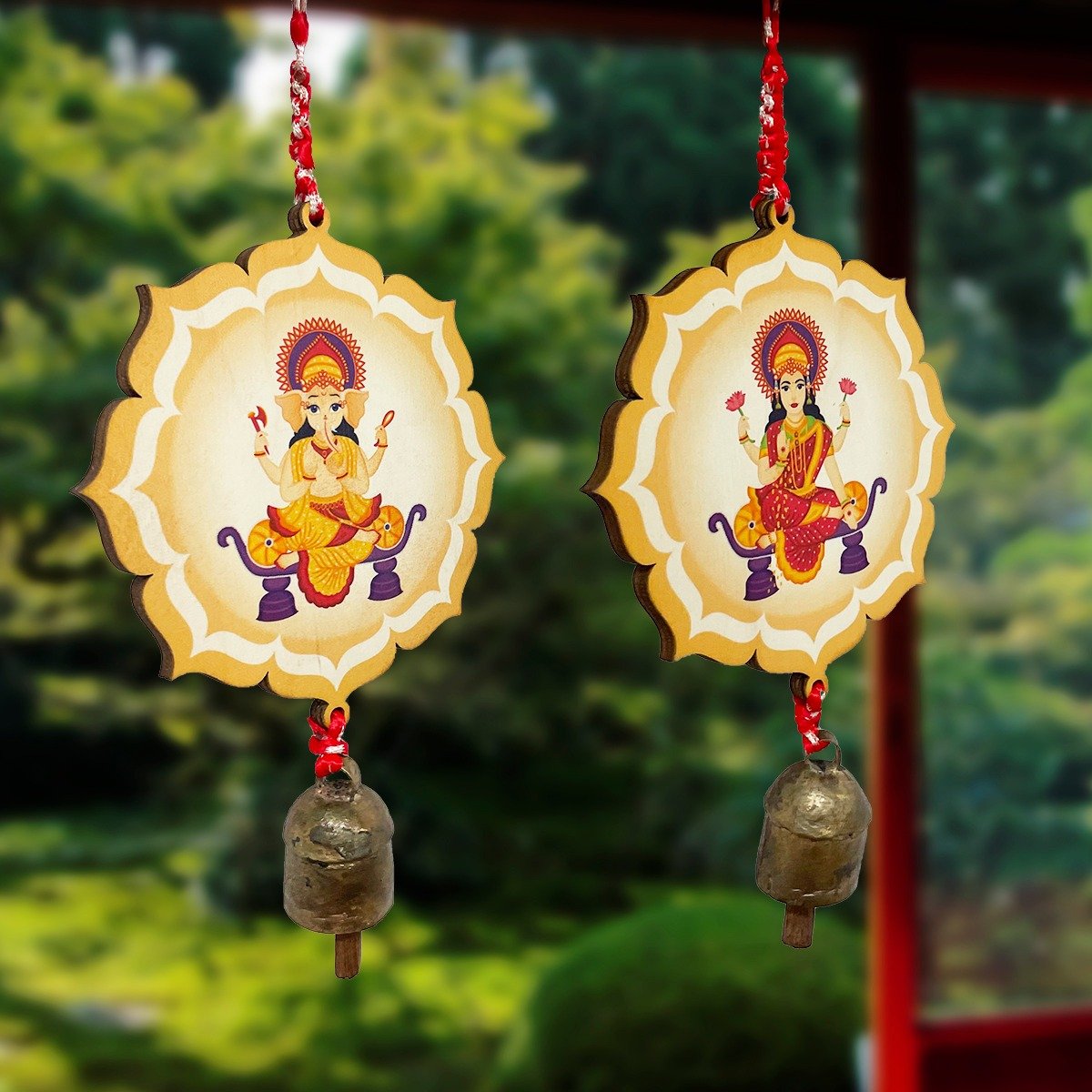 Wooden Ganesh Laxmi Hanging Bells