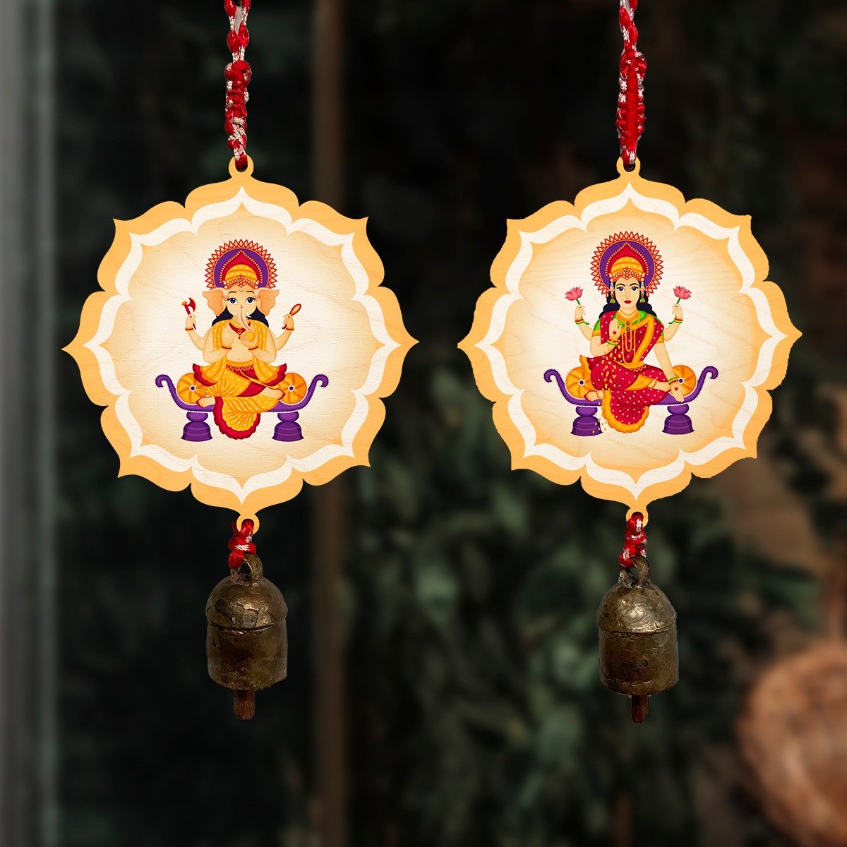 Wooden Ganesh Laxmi Hanging Bells