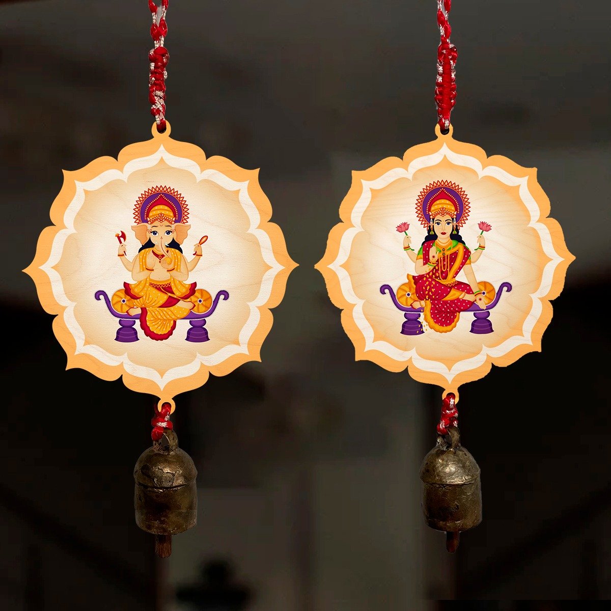 Wooden Ganesh Laxmi Hanging Bells