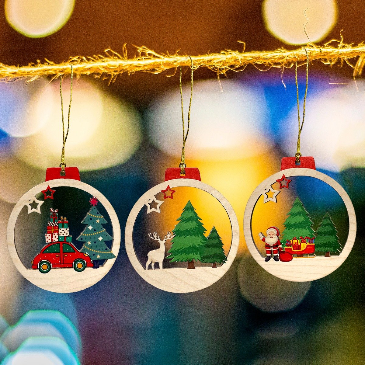 Wooden Christmas Ornaments - Set of 3
