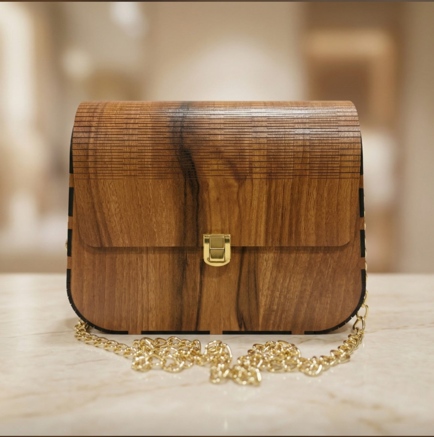 Handcrafted Wooden Sling Bag for Girls with Gold Chain
