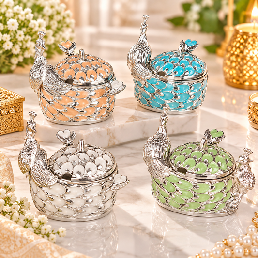 Premium Peacock Decorative Bowl  Silver Finish with Enamel Work