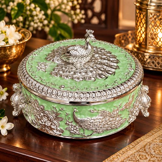 Premium Peacock Decorative Jewellery Box  Green Enamel & Silver Finish