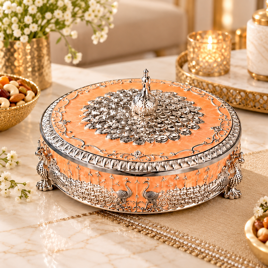 Peacock Decorative Jewellery Box Enamel & Silver Finish