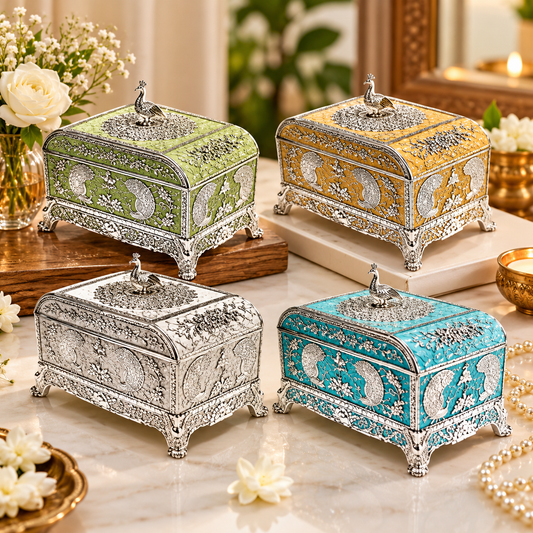 Peacock Decorative Jewellery Box Silver Finish with Enamel Work