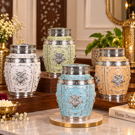 Decorative Storage Jar - Floral Enamel Work & Silver Finish