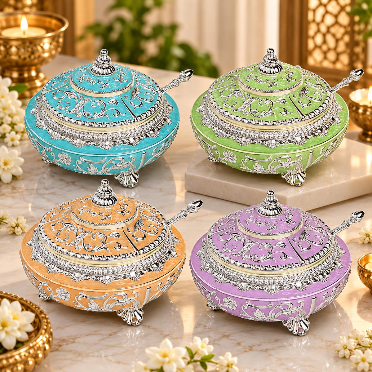 Decorative Dry Fruit Bowl - Enamel Work & Silver Finish