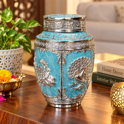 Peacock Decorative Storage Jar - Sky Blue Enamel & Silver Finish - premium gift for Diwali and wedding