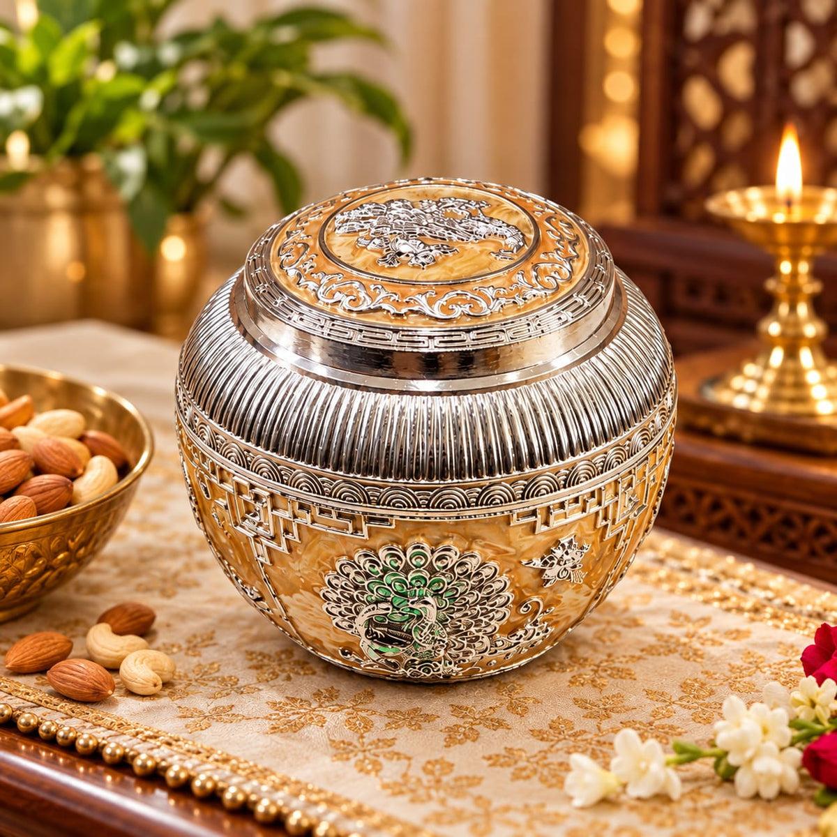 Peacock Decorative Dry Fruit Box - Golden Enamel & Silver Finish