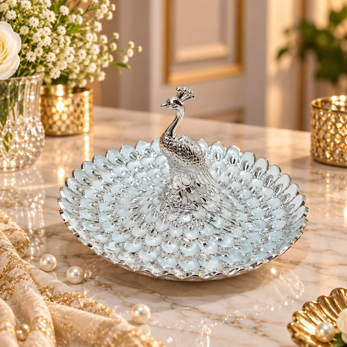 Peacock Decorative Serving Bowl - White Enamel & Silver Finish
