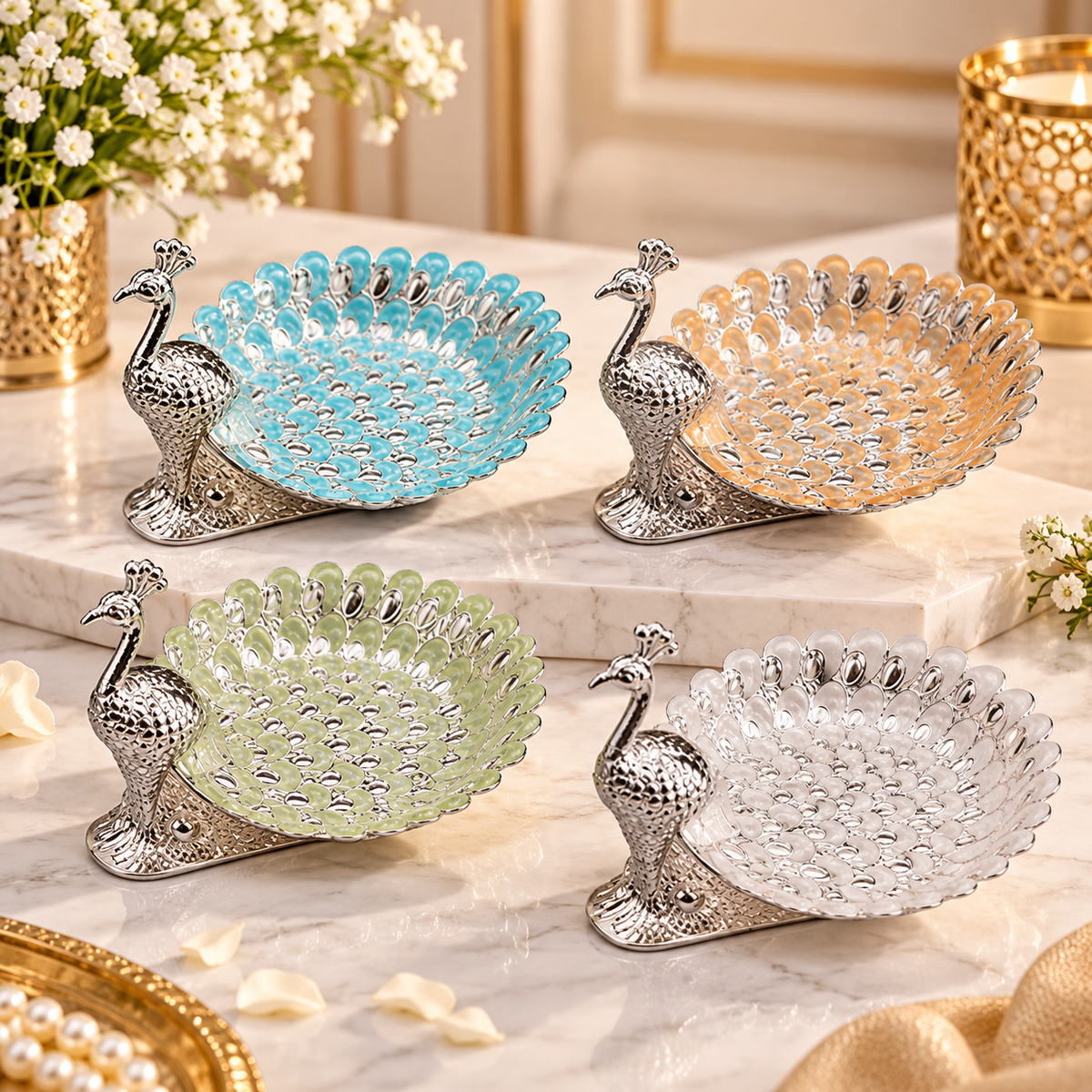 Peacock Decorative Bowl Enamel Work & Silver Finish - premium gift for Diwali and wedding