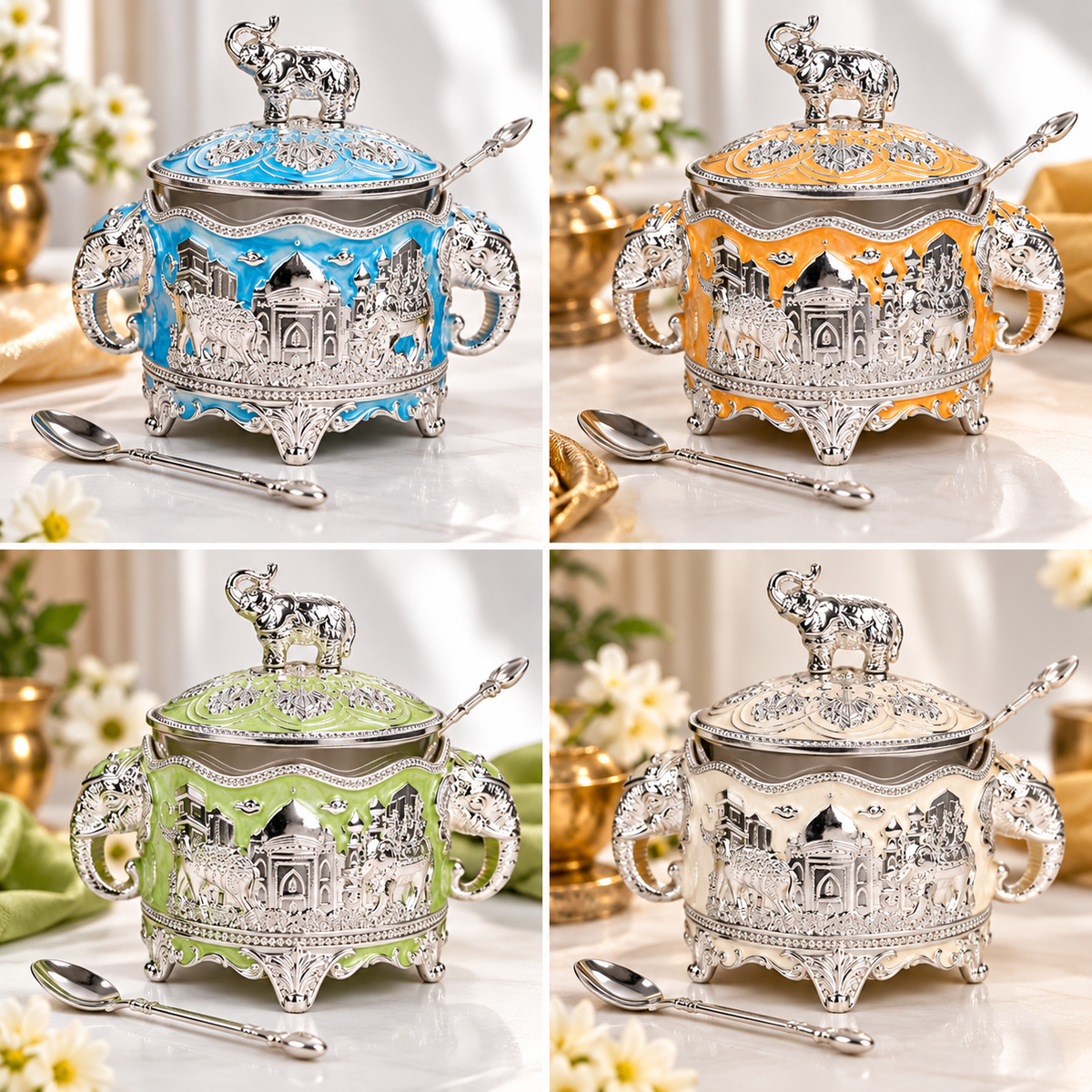Silver Plated Elephant Design Dry Fruit & Decorative Gift Bowl Set - Multic - Diwali and wedding gift