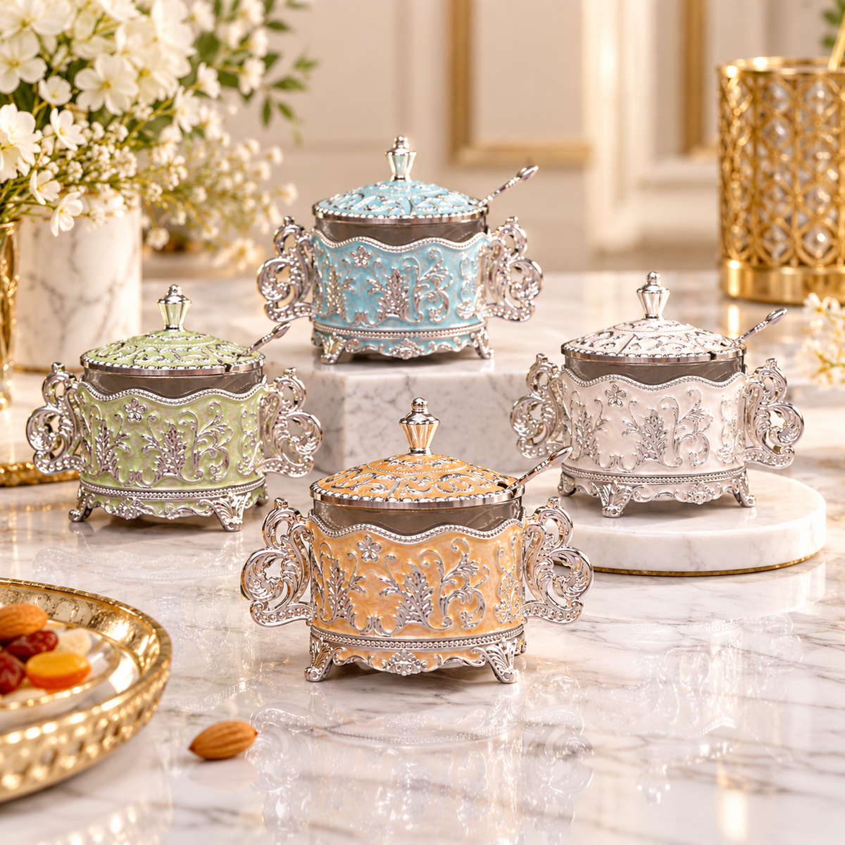 Premium Silver Plated Decorative Dry Fruit Bowl with Spoon - Royal Floral D