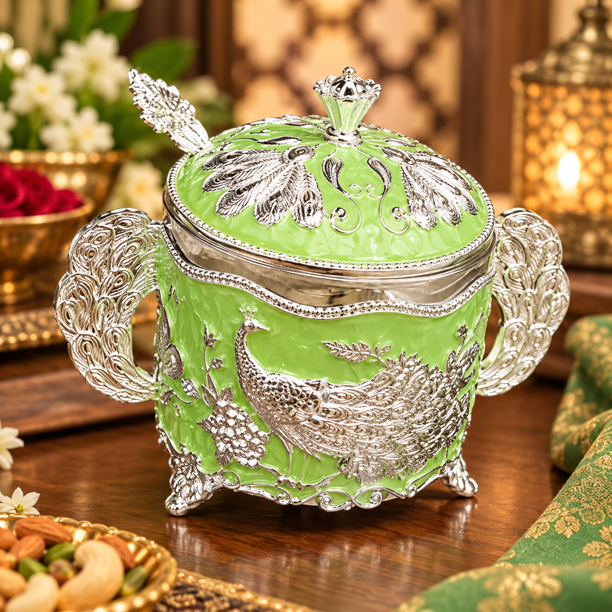 Premium Peacock Design Silver Finish Decorative Dry Fruit Bowl with Lid & S