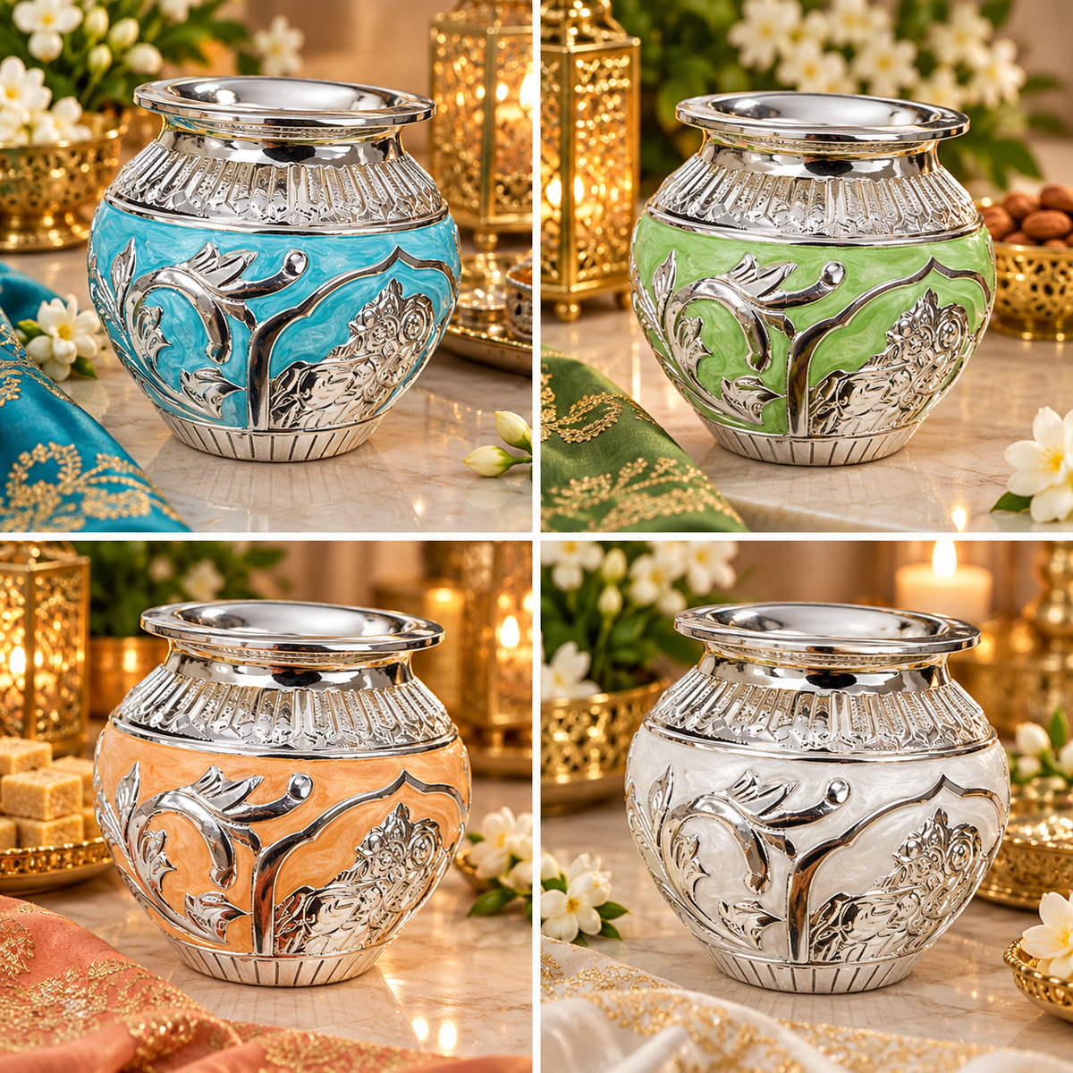Premium Peacock Design Silver Finish Decorative kalsh  -pooja loti  Multicolor