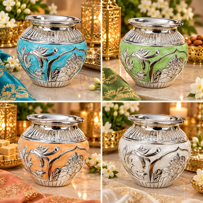 Premium Peacock Design Silver Finish Decorative kalsh  -pooja loti  Multicolor