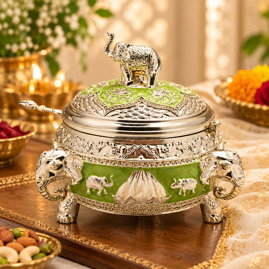 Premium German Silver Elephant Lid Meenakari Dry Fruit & Mukhwas Box