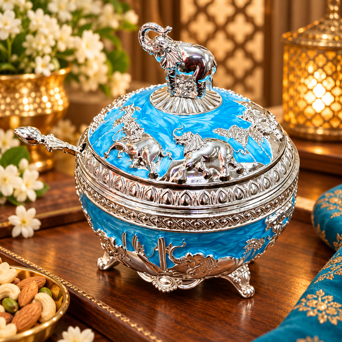 Royal Blue Meenakari Elephant Lid Decorative Dry Fruit & Mukhwas Box - Diwali and wedding gift