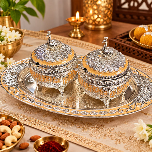 Premium Peacock Design Meenakari German Silver Dry Fruit Box Set with Decor