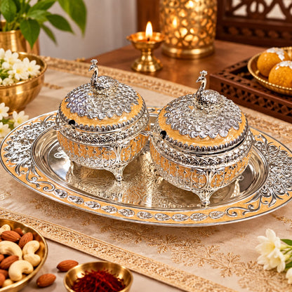 Premium Peacock Design Meenakari German Silver Dry Fruit Box Set with Decor - Diwali and wedding gift