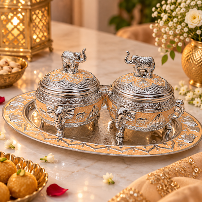 elephant Design Meenakari German Silver Dry Fruit Box Set with Decorative S