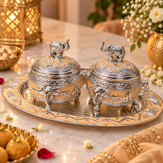 elephant Design Meenakari German Silver Dry Fruit Box Set with Decorative S