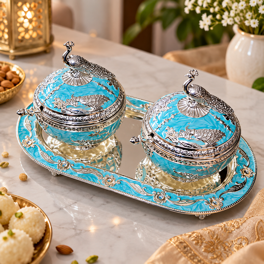 Royal Peacock Meenakari Dry Fruit & Mukhwas Box Set with Silver Plated Tray