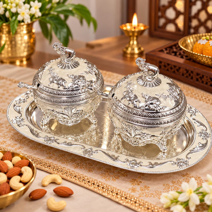 Premium Peacock Design German Silver Dry Fruit Box Set with Decorative Serv - Diwali and wedding gift