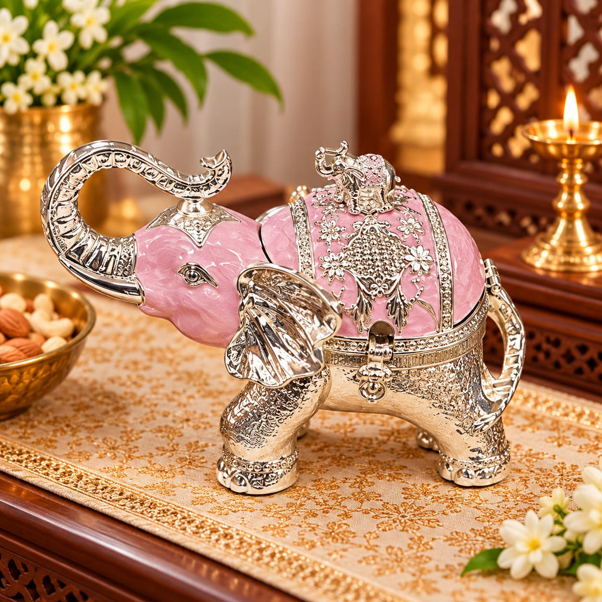 Premium Pink Meenakari Elephant Decorative Dry Fruit & Mukhwas Box - Diwali and wedding gift