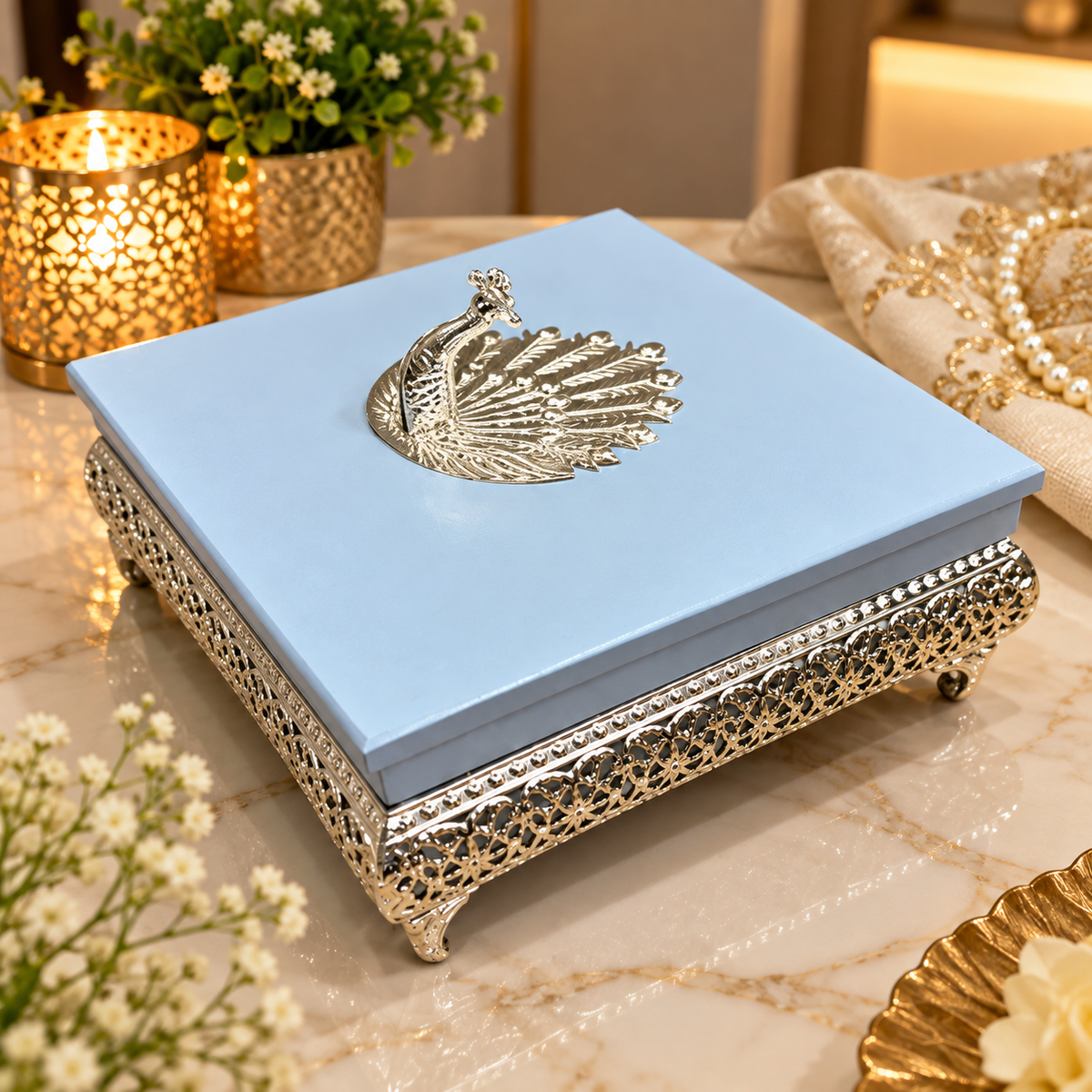 Light Blue Peacock Design German Silver Decorative Gift Box - premium gift for Diwali and wedding