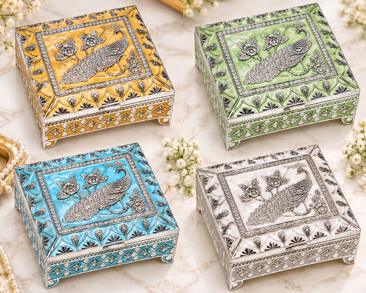 Peacock Meenakari Jewellery, Dry Fruit & Mukhwas Storage Box Set - Diwali and wedding gift