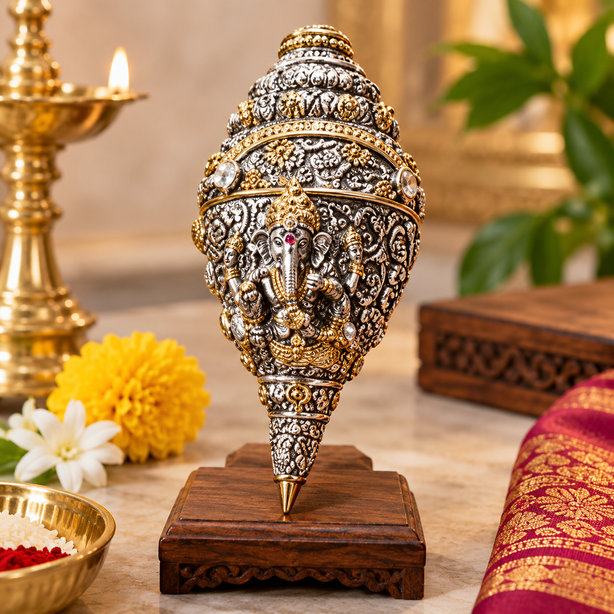 Antique Gold & Silver Ganesha sankh - premium gift for Diwali and wedding